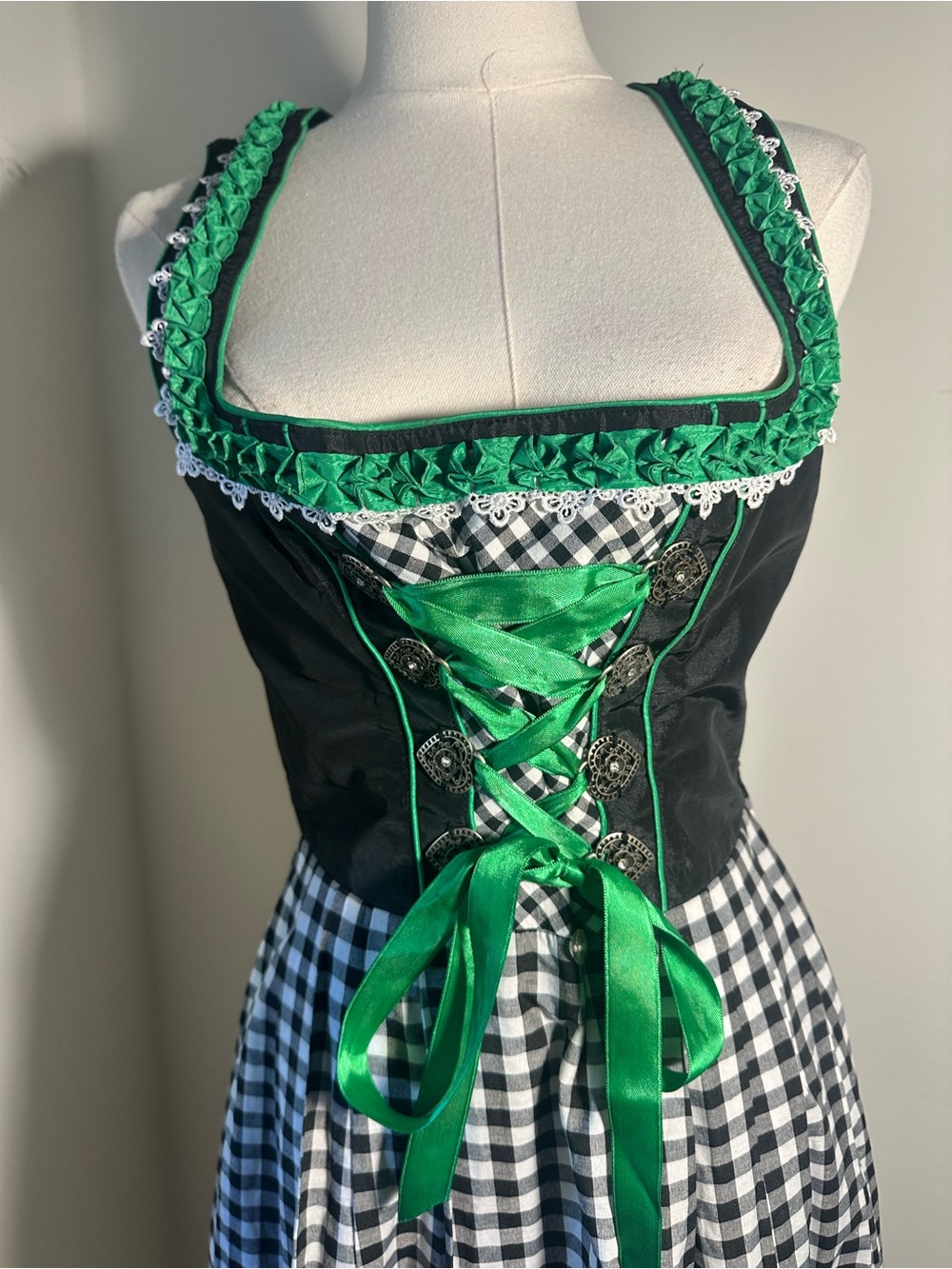 Bergweiss Dirndl Dress Black White Gingham Green Oktoberfest German Size 36 (4) - Picture 5 of 10